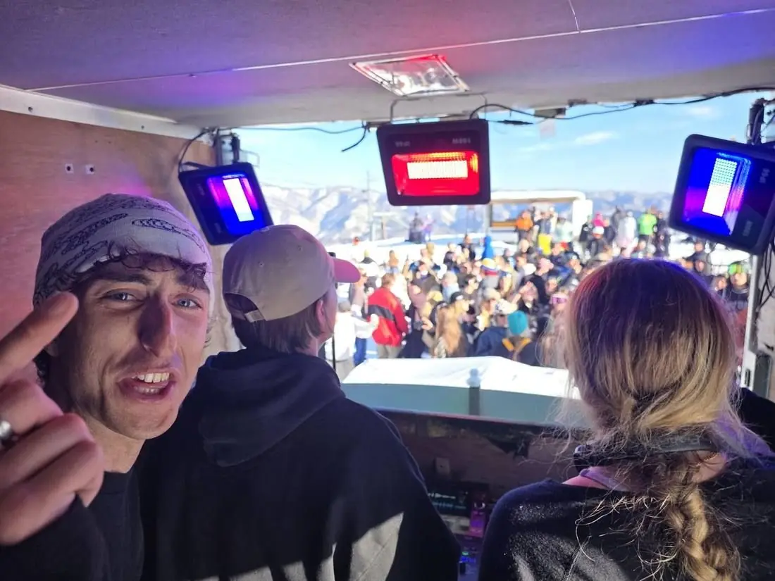 The crew and the crowd from the booth